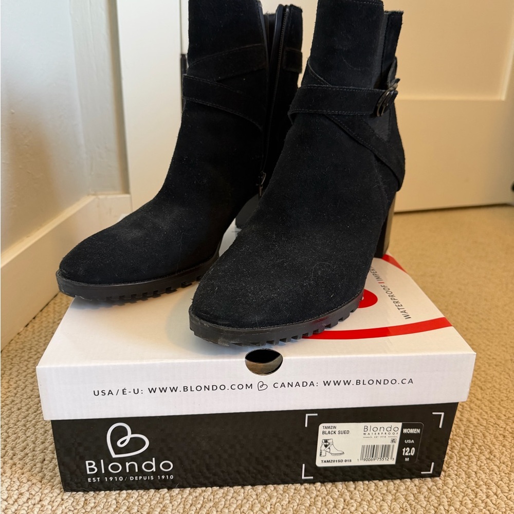 Blondo Black Suede Ankle Booties with Buckle Strap